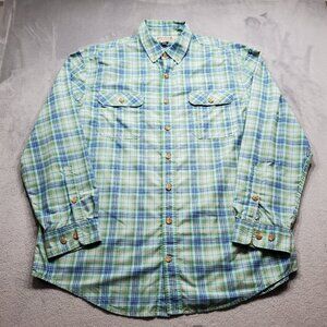 Duluth Trading Long Sleeve Button Down Fishing Shirt Blue Green Plaid Men Sz XLT